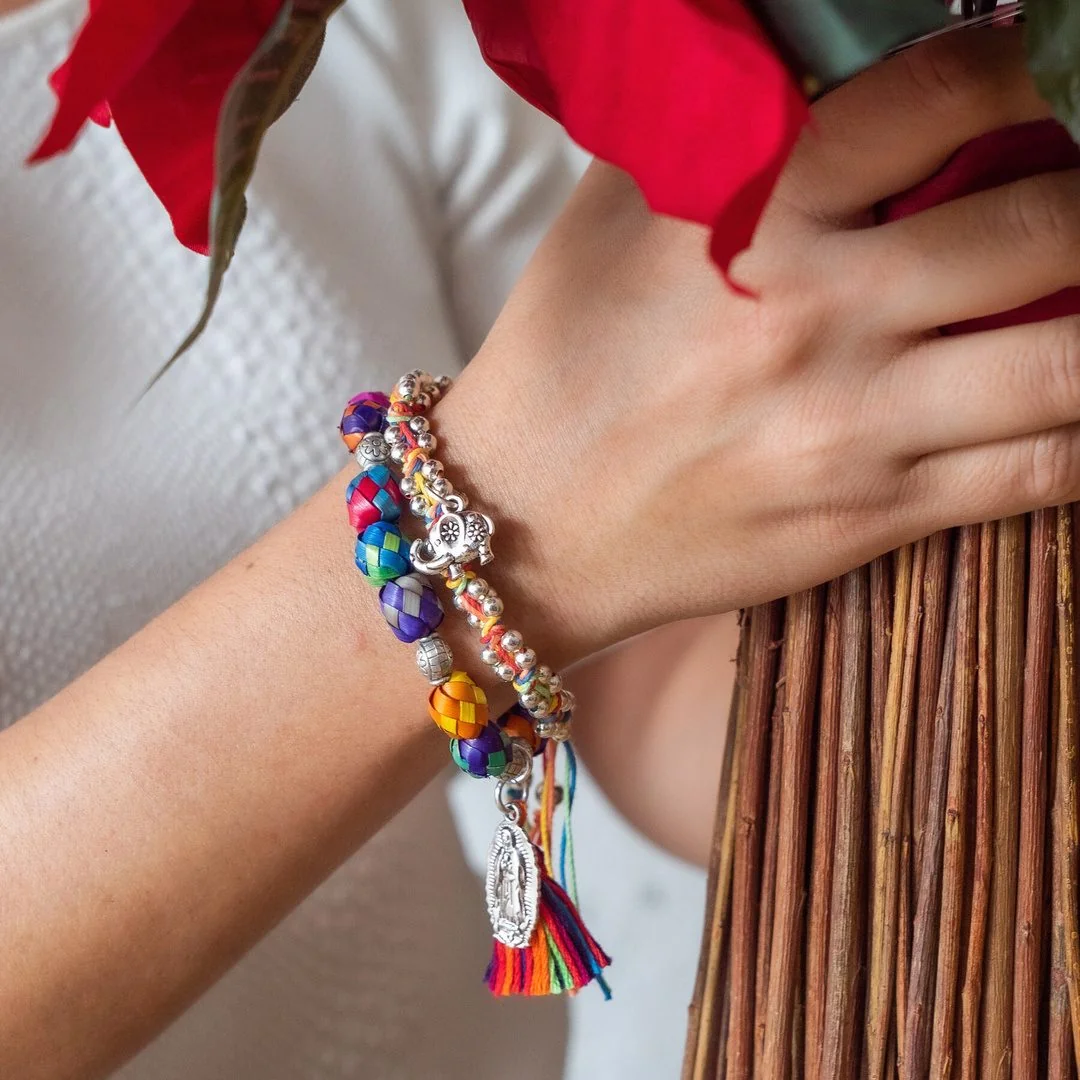Colorful beaded Mexican artisan bracelets worn on a wrist